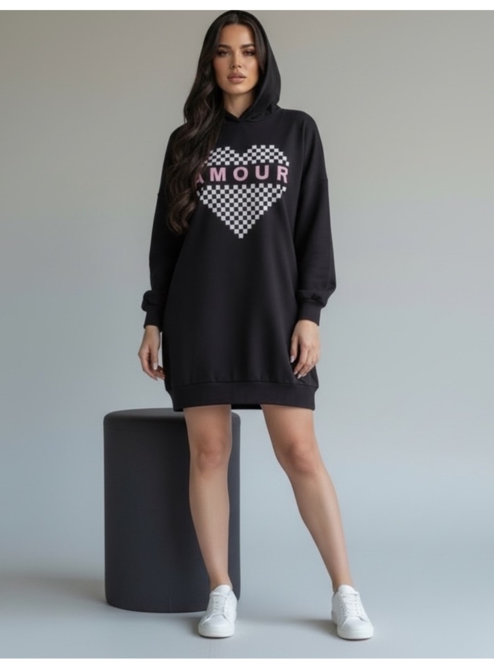 NWT Amour Black Corset Lace Up Checkered Hoodie Sweatshirt Mini Dress Boutique - Picture 2 of 9